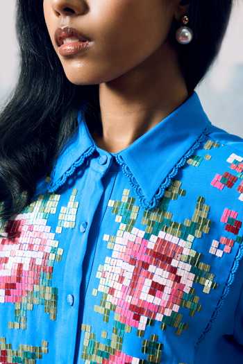 Shop_Pooja Rajgarhia Gupta_Blue Georgette Collared Ponza Floral Pattern Dress _Online_at_Aza_Fashions