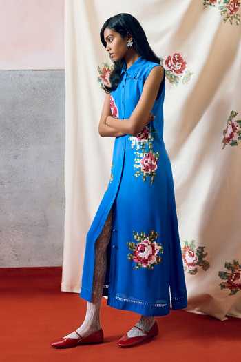 Shop_Pooja Rajgarhia Gupta_Blue Georgette Collared Ponza Double Dress _Online_at_Aza_Fashions