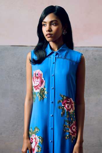Pooja Rajgarhia Gupta_Blue Georgette Collared Ponza Double Dress _at_Aza_Fashions