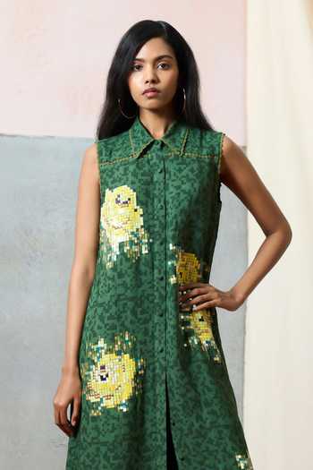 Pooja Rajgarhia Gupta_Green Georgette Collared Ponza Floral Pattern Tunic Set _Online_at_Aza_Fashions