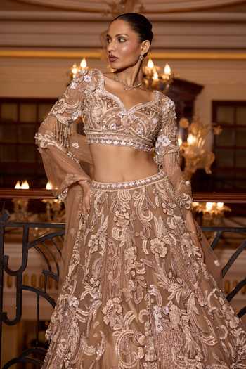 Opus Atelier_Gold Satin, Net, Viscose, Tulle Sweetheart Camellia 3d Embroidered Lehenga Set _Online_at_Aza_Fashions