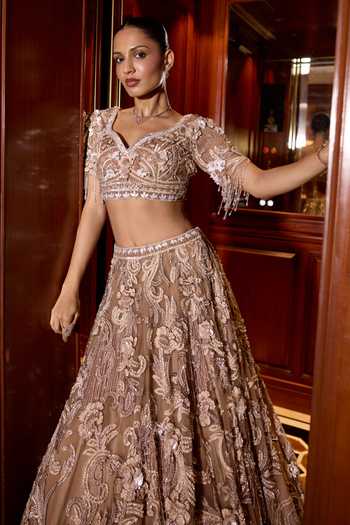 Buy_Opus Atelier_Gold Satin, Net, Viscose, Tulle Sweetheart Camellia 3d Embroidered Lehenga Set _Online_at_Aza_Fashions