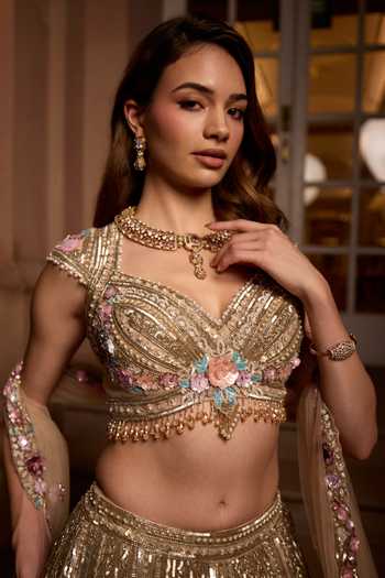 Buy_Opus Atelier_Pink Satin, Net, Viscose, Tulle Sweetheart Zinnia 3d Embroidered Lehenga Set _Online_at_Aza_Fashions