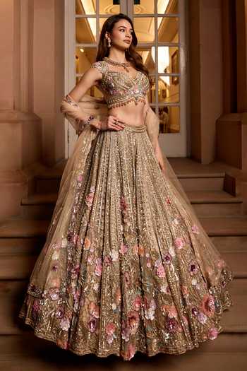 Opus Atelier_Pink Satin, Net, Viscose, Tulle Sweetheart Zinnia 3d Embroidered Lehenga Set _at_Aza_Fashions