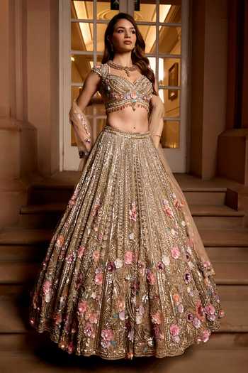 Buy_Opus Atelier_Pink Satin, Net, Viscose, Tulle Sweetheart Zinnia 3d Embroidered Lehenga Set 