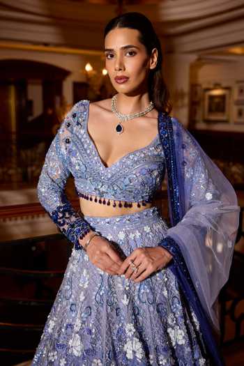 Opus Atelier_Blue Satin, Net, Viscose, Tulle Sweetheart Ombre Aster Embroidered Lehenga Set _Online_at_Aza_Fashions