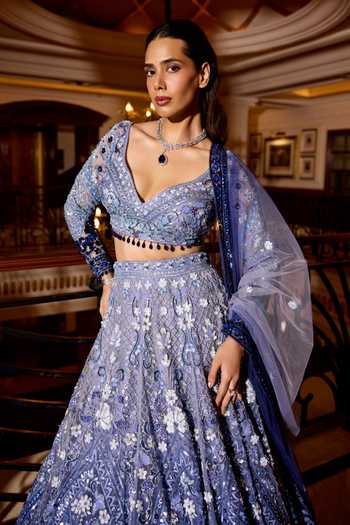 Buy_Opus Atelier_Blue Satin, Net, Viscose, Tulle Sweetheart Ombre Aster Embroidered Lehenga Set _Online_at_Aza_Fashions