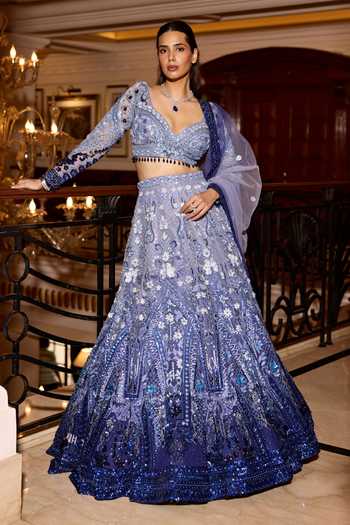 Shop_Opus Atelier_Blue Satin, Net, Viscose, Tulle Sweetheart Ombre Aster Embroidered Lehenga Set _Online_at_Aza_Fashions
