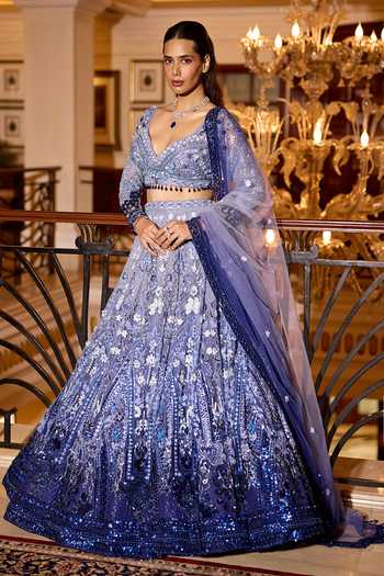 Opus Atelier_Blue Satin, Net, Viscose, Tulle Sweetheart Ombre Aster Embroidered Lehenga Set _at_Aza_Fashions