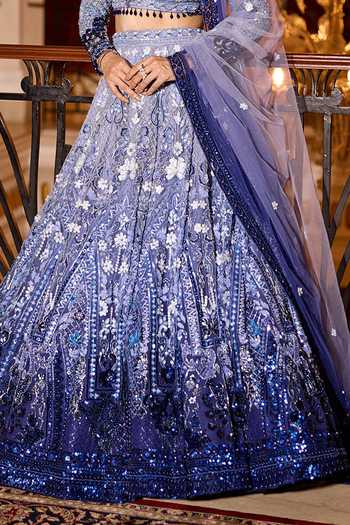Buy_Opus Atelier_Blue Satin, Net, Viscose, Tulle Sweetheart Ombre Aster Embroidered Lehenga Set 