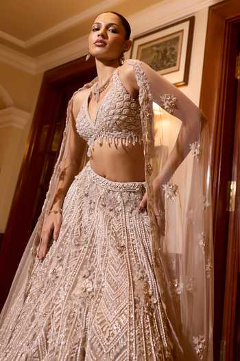Opus Atelier_Pink Satin, Net, Viscose, Tulle Halter Neck Heather Embroidered Lehenga Set _Online_at_Aza_Fashions