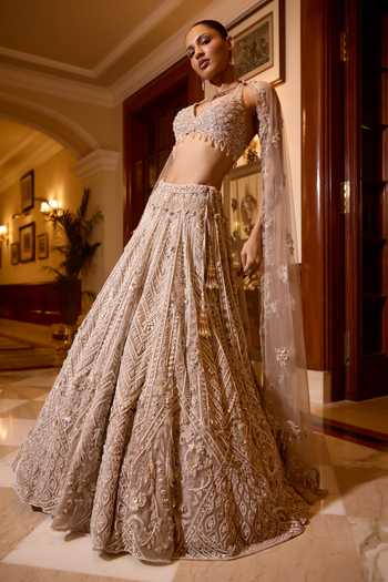 Shop_Opus Atelier_Pink Satin, Net, Viscose, Tulle Halter Neck Heather Embroidered Lehenga Set _Online_at_Aza_Fashions