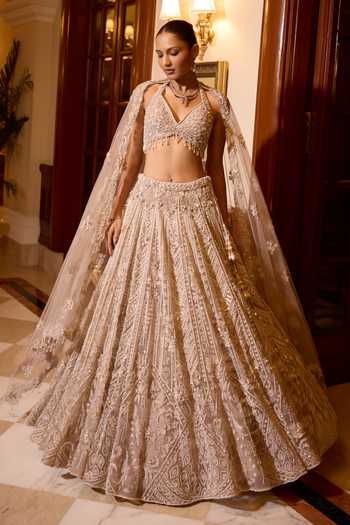 Buy_Opus Atelier_Pink Satin, Net, Viscose, Tulle Halter Neck Heather Embroidered Lehenga Set 