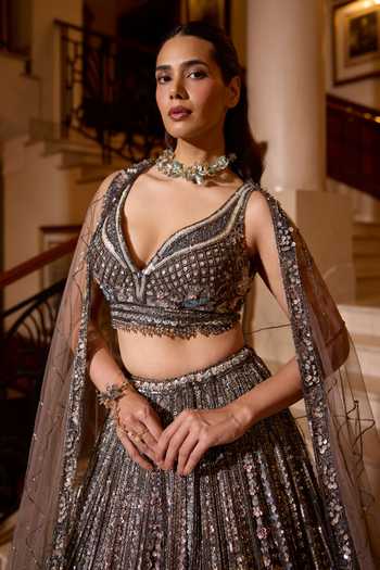 Buy_Opus Atelier_Blue Satin, Net, Viscose, Tulle V-neck Wisteria Embroidered Lehenga Set _Online_at_Aza_Fashions