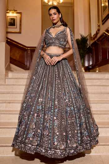 Opus Atelier_Blue Satin, Net, Viscose, Tulle V-neck Wisteria Embroidered Lehenga Set _at_Aza_Fashions
