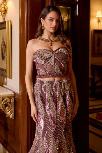 Shop_Opus Atelier_Purple Satin, Net, Viscose, Tulle Sweetheart Neck Cassia Fish Cut Lehenga Set _Online_at_Aza_Fashions
