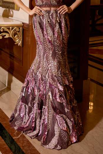 Opus Atelier_Purple Satin, Net, Viscose, Tulle Sweetheart Neck Cassia Fish Cut Lehenga Set _at_Aza_Fashions