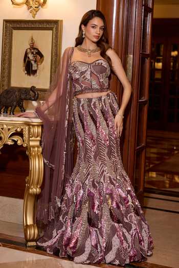 Buy_Opus Atelier_Purple Satin, Net, Viscose, Tulle Sweetheart Neck Cassia Fish Cut Lehenga Set 
