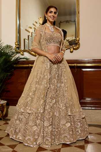 Buy_Opus Atelier_Gold Satin, Net, Viscose, Tulle Square Neck Carmela Embroidered Lehenga Set _Online_at_Aza_Fashions