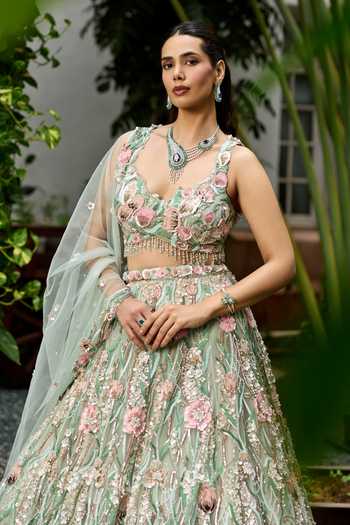 Opus Atelier_Pink Tulle, Satin, Viscose Sweetheart Neck Daphne Embroidered Lehenga Set _Online_at_Aza_Fashions