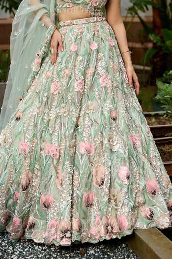 Shop_Opus Atelier_Pink Tulle, Satin, Viscose Sweetheart Neck Daphne Embroidered Lehenga Set _Online_at_Aza_Fashions