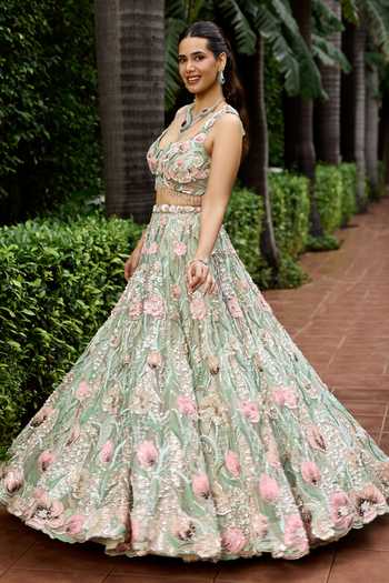 Opus Atelier_Pink Tulle, Satin, Viscose Sweetheart Neck Daphne Embroidered Lehenga Set _at_Aza_Fashions