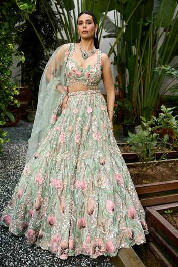 Buy_Opus Atelier_Pink Tulle, Satin, Viscose Sweetheart Neck Daphne Embroidered Lehenga Set 