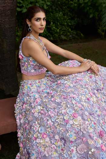 Buy_Opus Atelier_Pink Satin, Net, Viscose, Tulle Sweetheart Irina 3d Applique Work Lehenga Set _Online_at_Aza_Fashions