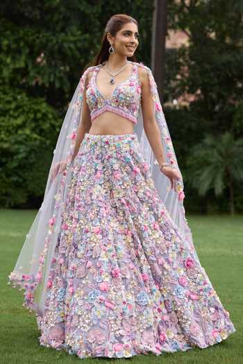 Shop_Opus Atelier_Pink Satin, Net, Viscose, Tulle Sweetheart Irina 3d Applique Work Lehenga Set _Online_at_Aza_Fashions
