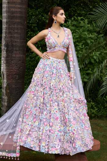 Opus Atelier_Pink Satin, Net, Viscose, Tulle Sweetheart Irina 3d Applique Work Lehenga Set _at_Aza_Fashions