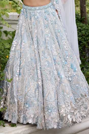 Buy_Opus Atelier_Blue Satin, Net, Viscose, Tulle Grace 3d Applique Embroidered Lehenga Set _Online_at_Aza_Fashions
