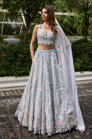 Shop_Opus Atelier_Blue Satin, Net, Viscose, Tulle Grace 3d Applique Embroidered Lehenga Set _Online_at_Aza_Fashions