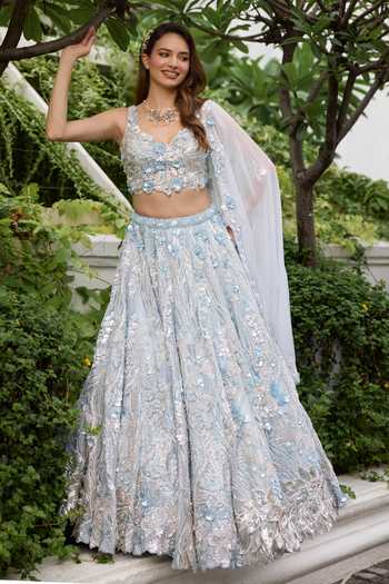Opus Atelier_Blue Satin, Net, Viscose, Tulle Grace 3d Applique Embroidered Lehenga Set _at_Aza_Fashions