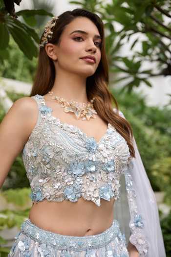 Buy_Opus Atelier_Blue Satin, Net, Viscose, Tulle Grace 3d Applique Embroidered Lehenga Set 