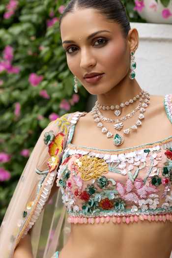 Opus Atelier_Multi Color Polyester, Mesh Square Neck Nicole 3d Embroidered Lehenga Set _Online_at_Aza_Fashions