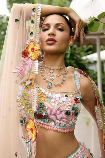 Buy_Opus Atelier_Multi Color Polyester, Mesh Square Neck Nicole 3d Embroidered Lehenga Set _Online_at_Aza_Fashions