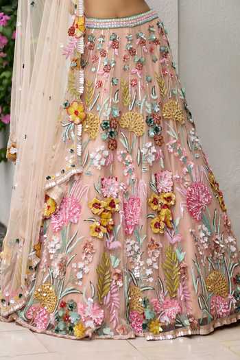 Opus Atelier_Multi Color Polyester, Mesh Square Neck Nicole 3d Embroidered Lehenga Set _at_Aza_Fashions