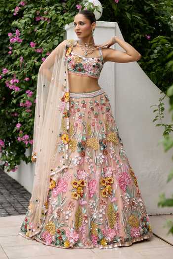 Buy_Opus Atelier_Multi Color Polyester, Mesh Square Neck Nicole 3d Embroidered Lehenga Set 