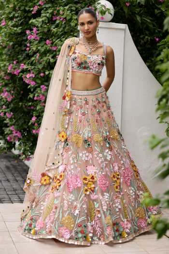 Shop_Opus Atelier_Multi Color Polyester, Mesh Square Neck Nicole 3d Embroidered Lehenga Set 