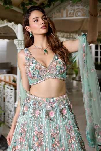 Buy_Opus Atelier_Pink Polyester, Mesh V-neck Wendy Embroidered Lehenga Set _Online_at_Aza_Fashions
