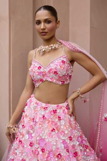 Opus Atelier_Pink Satin, Net, Viscose, Tulle Sweetheart Ombre Rosita Embroidered Lehenga Set _Online_at_Aza_Fashions