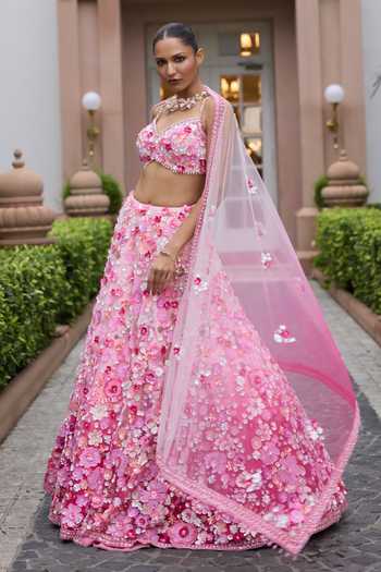 Buy_Opus Atelier_Pink Satin, Net, Viscose, Tulle Sweetheart Ombre Rosita Embroidered Lehenga Set _Online_at_Aza_Fashions