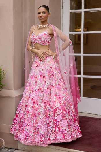 Shop_Opus Atelier_Pink Satin, Net, Viscose, Tulle Sweetheart Ombre Rosita Embroidered Lehenga Set _Online_at_Aza_Fashions