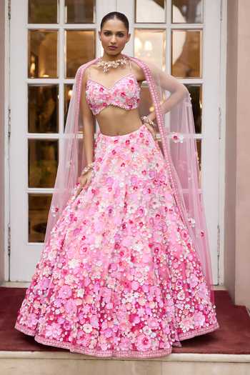 Opus Atelier_Pink Satin, Net, Viscose, Tulle Sweetheart Ombre Rosita Embroidered Lehenga Set _at_Aza_Fashions