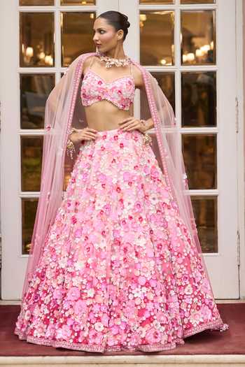 Buy_Opus Atelier_Pink Satin, Net, Viscose, Tulle Sweetheart Ombre Rosita Embroidered Lehenga Set 