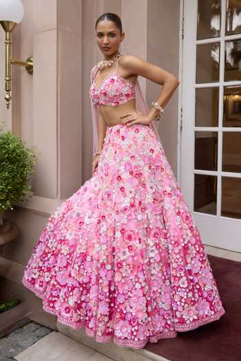 Shop_Opus Atelier_Pink Satin, Net, Viscose, Tulle Sweetheart Ombre Rosita Embroidered Lehenga Set 