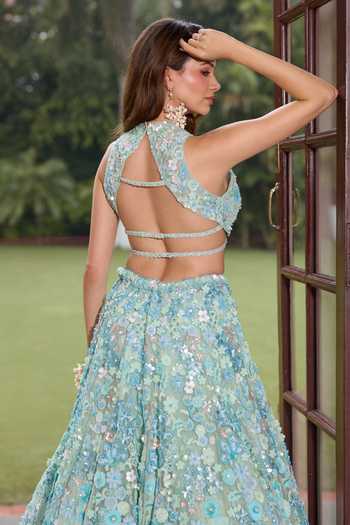 Buy_Opus Atelier_Aqua Polyester, Mesh V-neck Florence Embroidered Lehenga Set _Online_at_Aza_Fashions