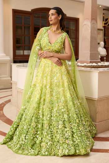 Opus Atelier_Green Mesh Sweetheart Neck Ombre Stella Embroidered Lehenga Set _Online_at_Aza_Fashions
