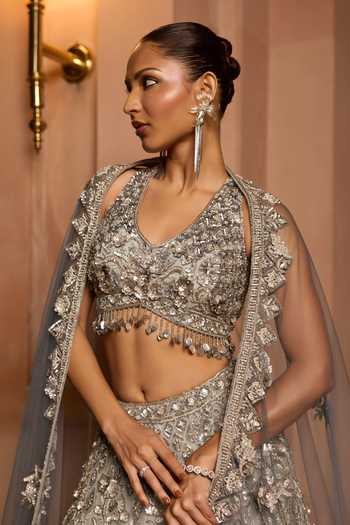 Buy_Opus Atelier_Blue Satin, Net, Viscose, Tulle V-neck Ombre Luna Embroidered Lehenga Set _Online_at_Aza_Fashions