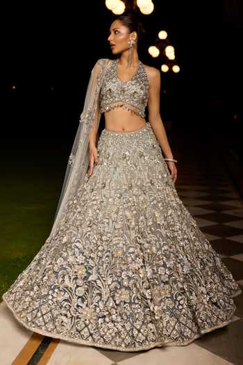 Shop_Opus Atelier_Blue Satin, Net, Viscose, Tulle V-neck Ombre Luna Embroidered Lehenga Set _Online_at_Aza_Fashions